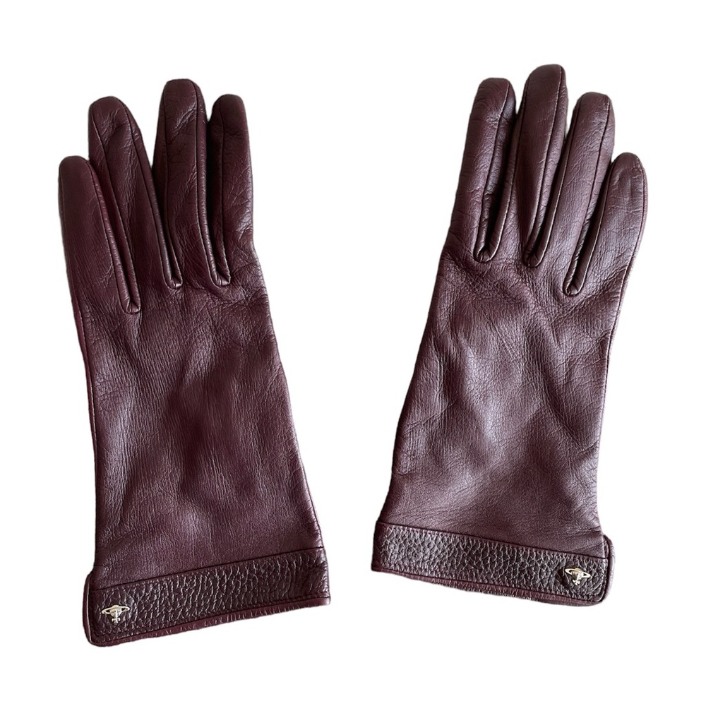 Authentic Vivienne Westwood Leather Gloves in burgundy with orb detail